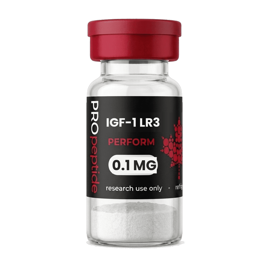 IGF-1 LR3 0.1 MG peptide vial from Pro Peptide Perform range with crimson cap and white lyophilised powder