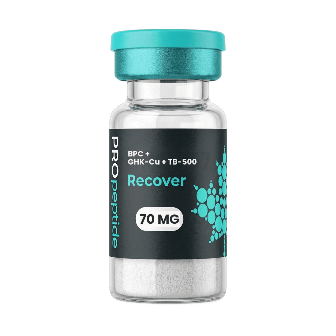 BPC + GHK-Cu + TB-500 70 MG peptide vial from Pro Peptide Recover range with teal cap and white lyophilised powder