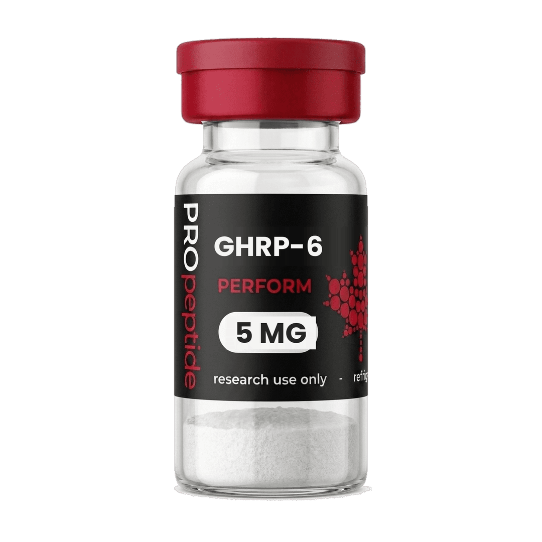 GHRP-6 5 MG peptide vial from Pro Peptide Perform range with crimson cap and white lyophilised powder