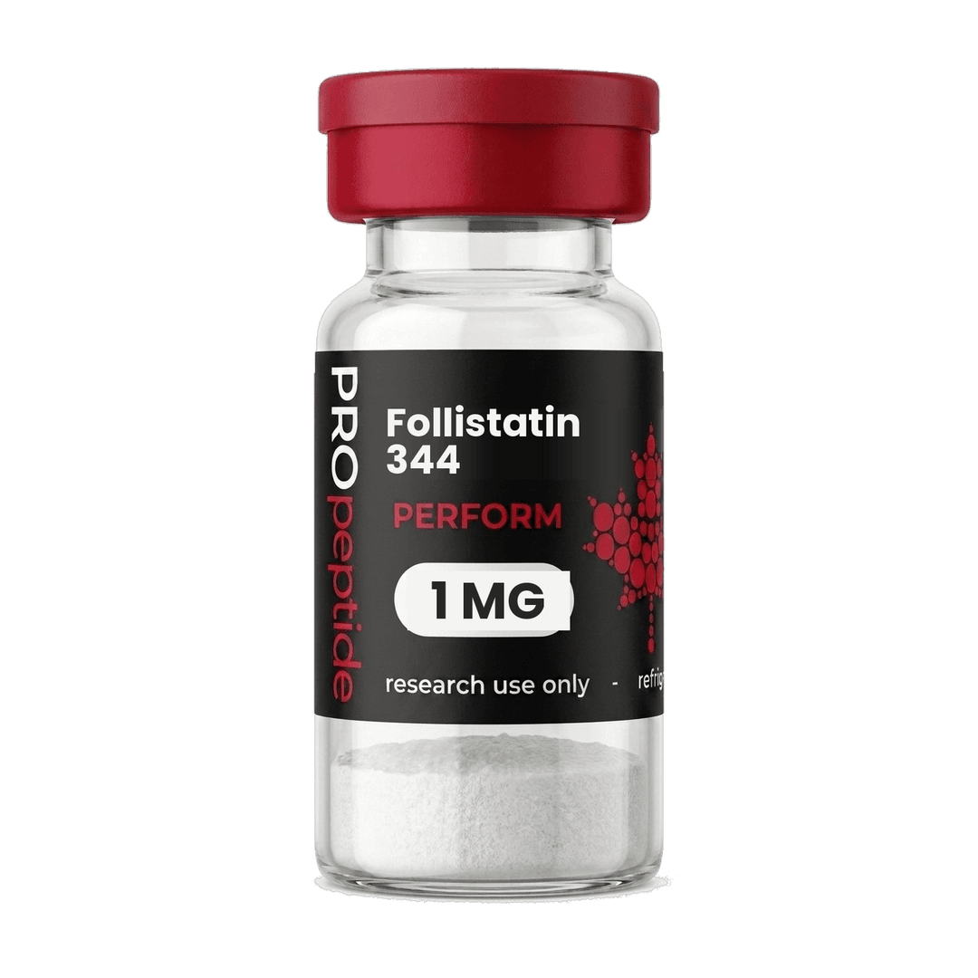 Follistatin 344 1 MG peptide vial from Pro Peptide Perform range with crimson cap and white lyophilised powder