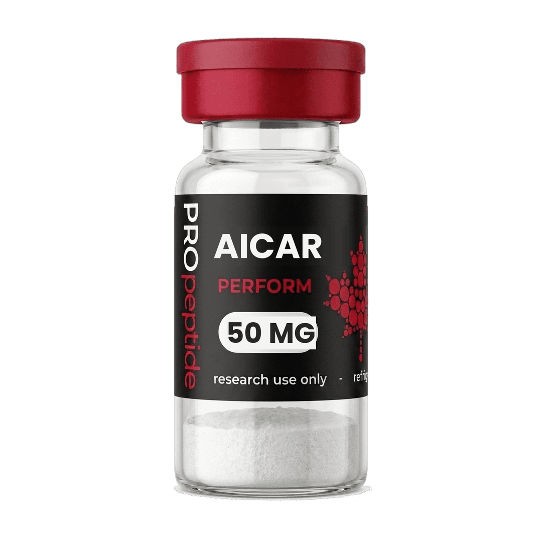 AICAR 50 MG research vial from Pro Peptide Perform range with crimson cap and white lyophilised powder
