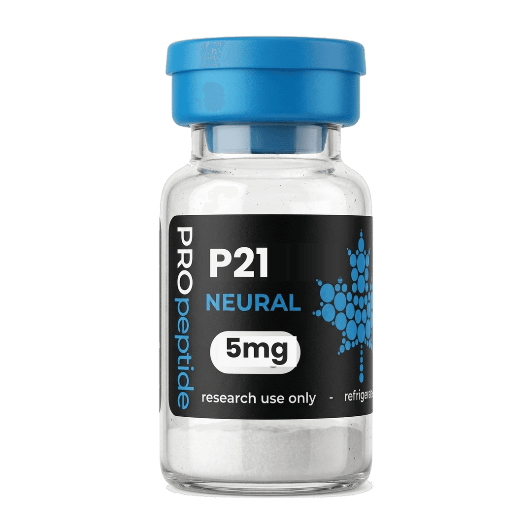 P21 5mg peptide vial from Pro Peptide Neural range with blue cap and white lyophilised powder
