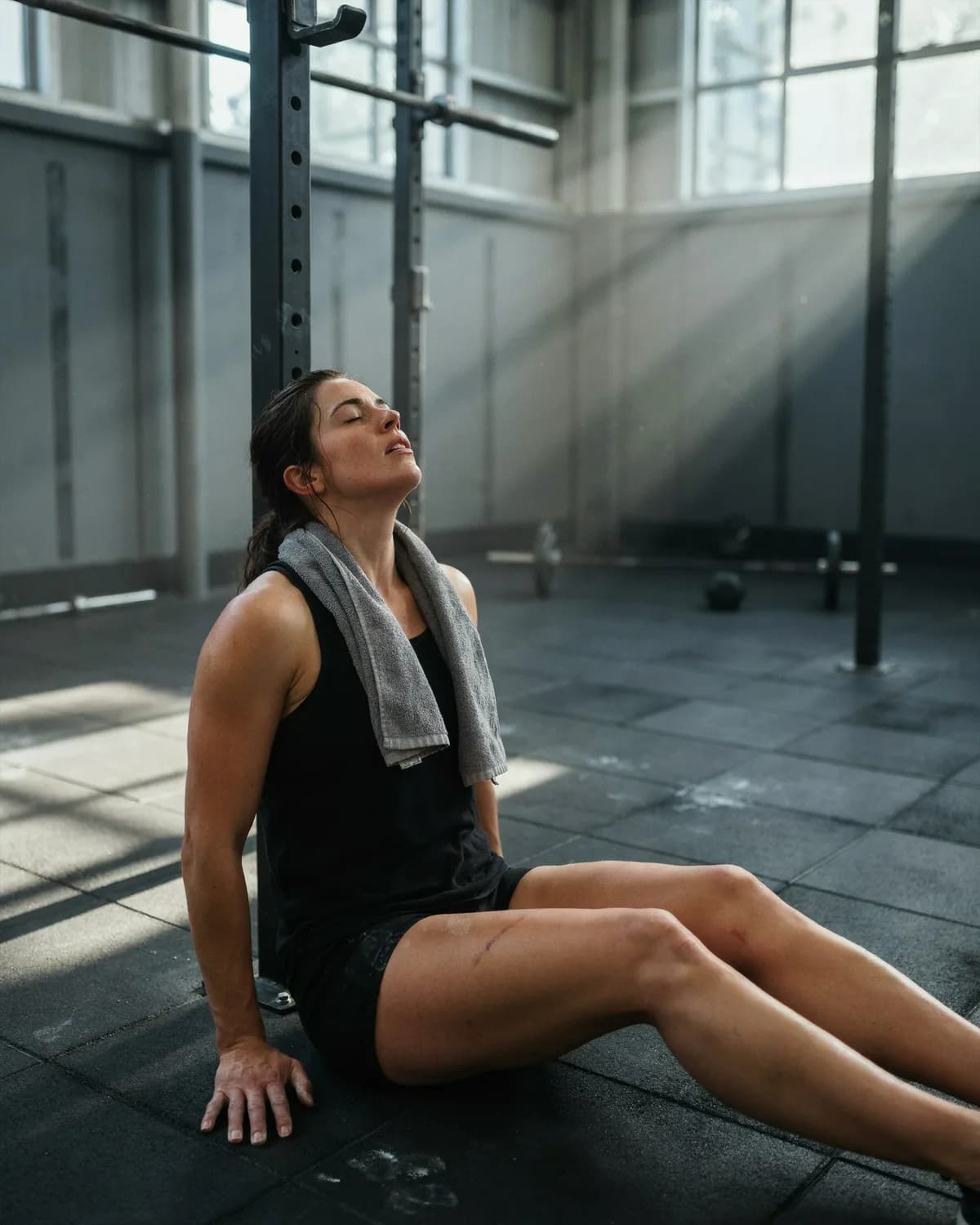 A sweating woman sits on a gym floor against a squat rack upright, head tipped back, towel on her neck.4