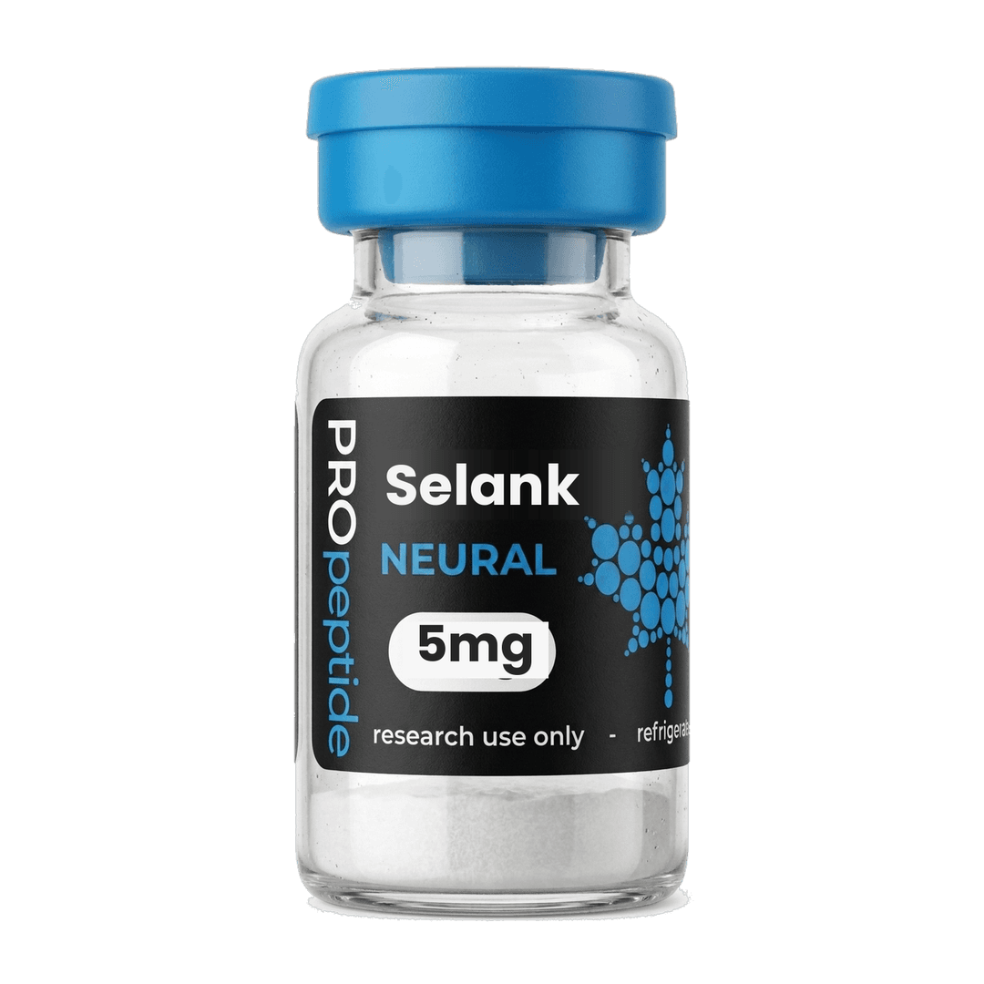 Selank 5mg peptide vial from Pro Peptide Neural range with blue cap and white lyophilised powder