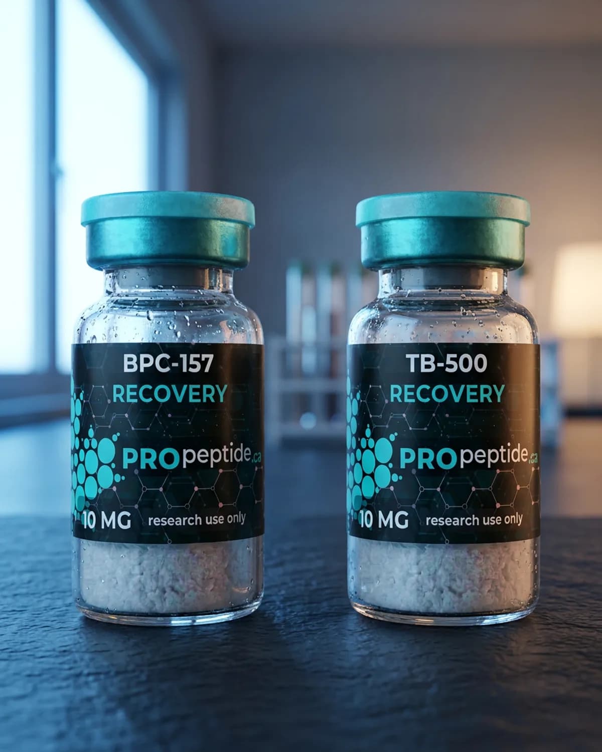 Two teal-capped glass peptide vials labeled BPC-157 and TB-500 on a dark bench with window light