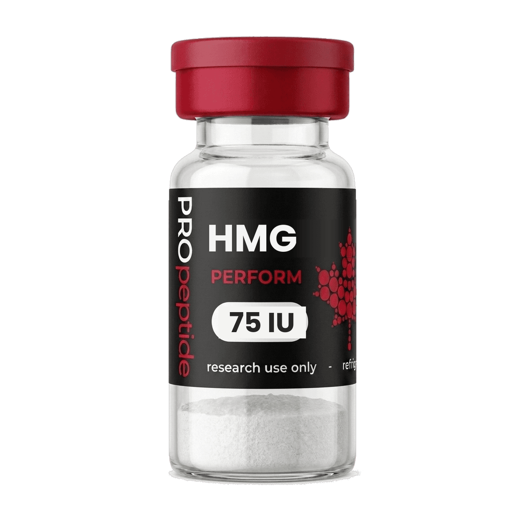HMG 75 IU research vial from Pro Peptide Perform range with crimson cap and white lyophilised powder