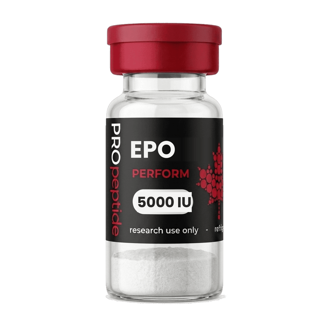 EPO 5000 IU research vial from Pro Peptide Perform range with crimson cap and white lyophilised powder