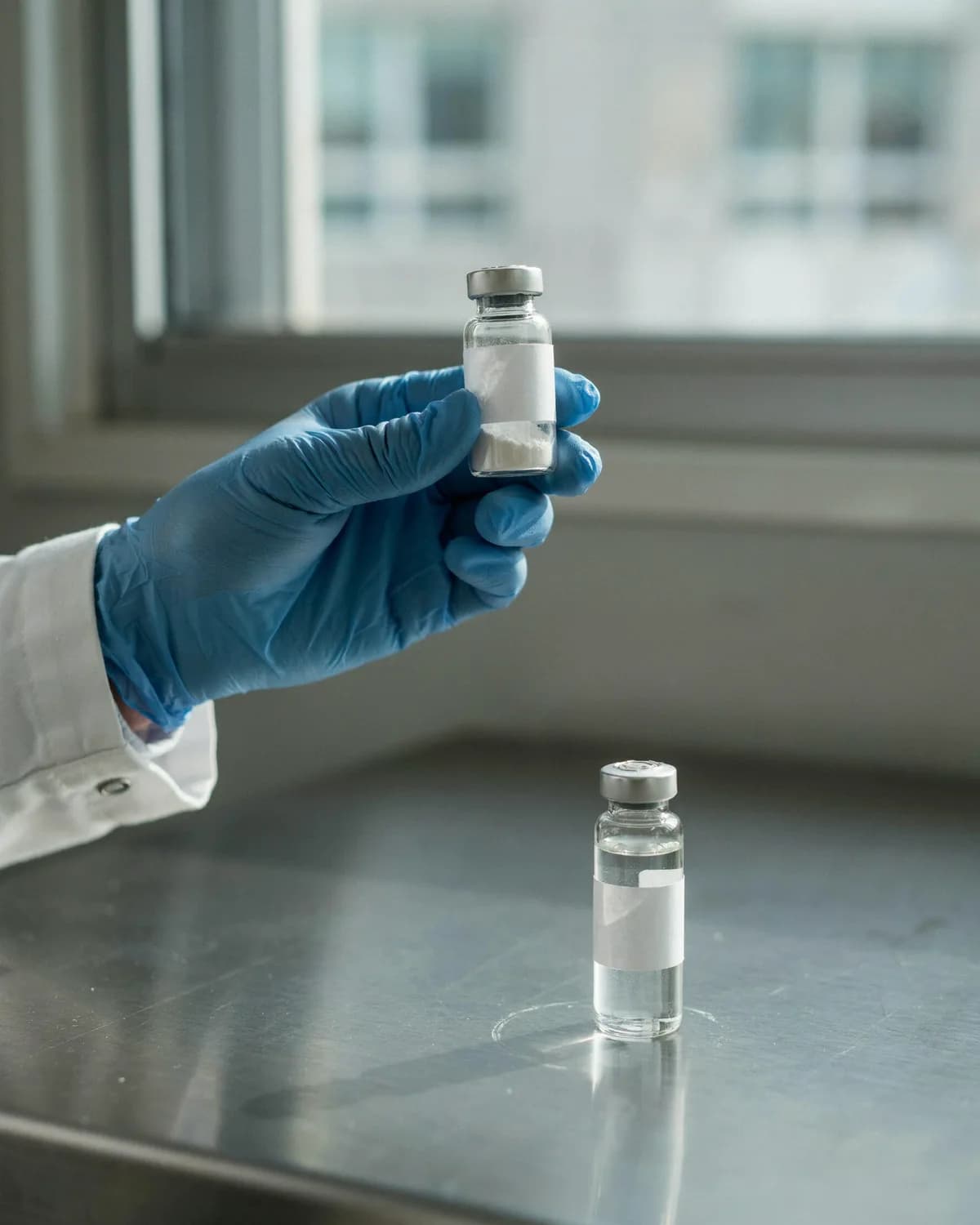 A blue-gloved hand in a white lab coat holds a small vial of white powder above a steel bench by a window.