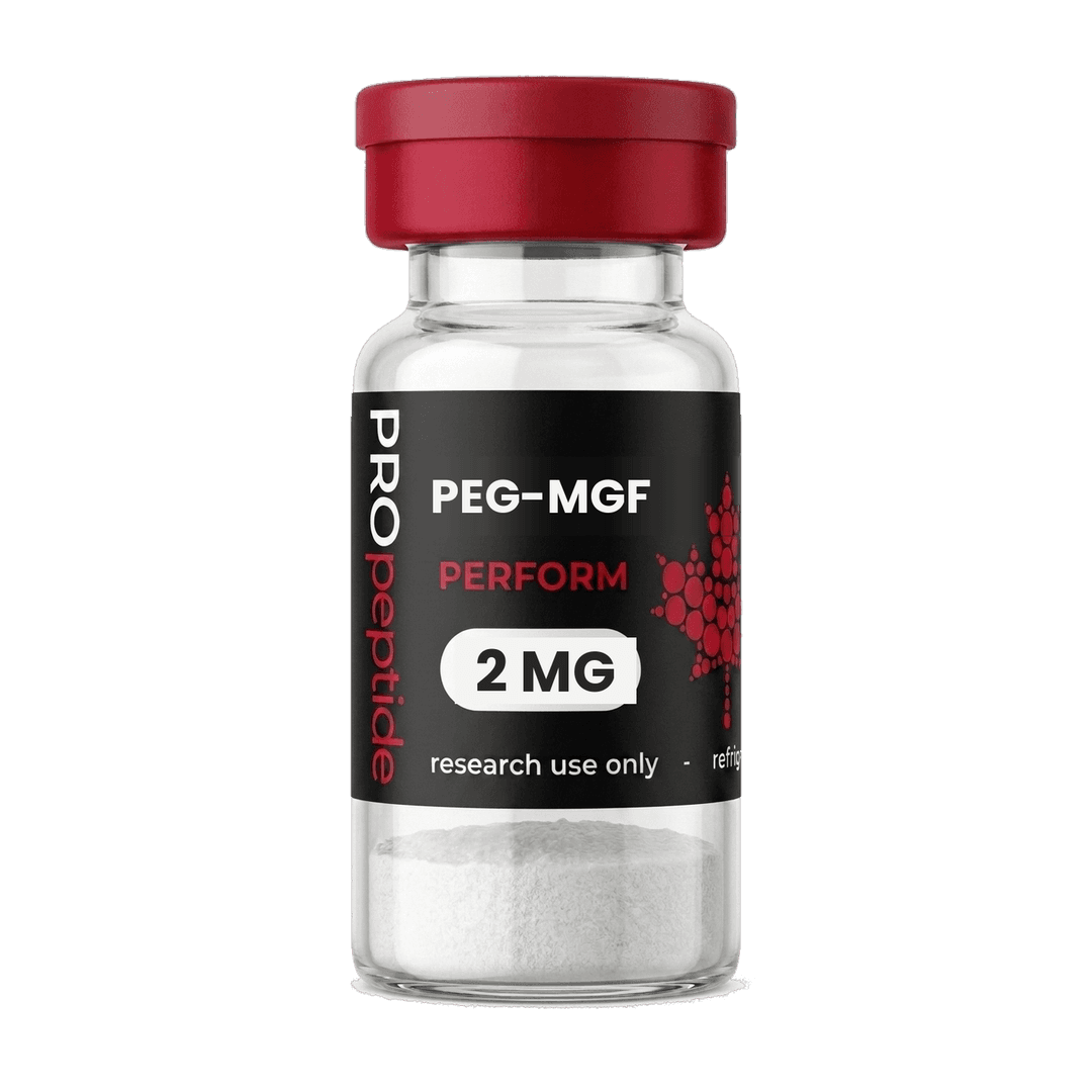 PEG-MGF 2 MG peptide vial from Pro Peptide Perform range with crimson cap and white lyophilised powder