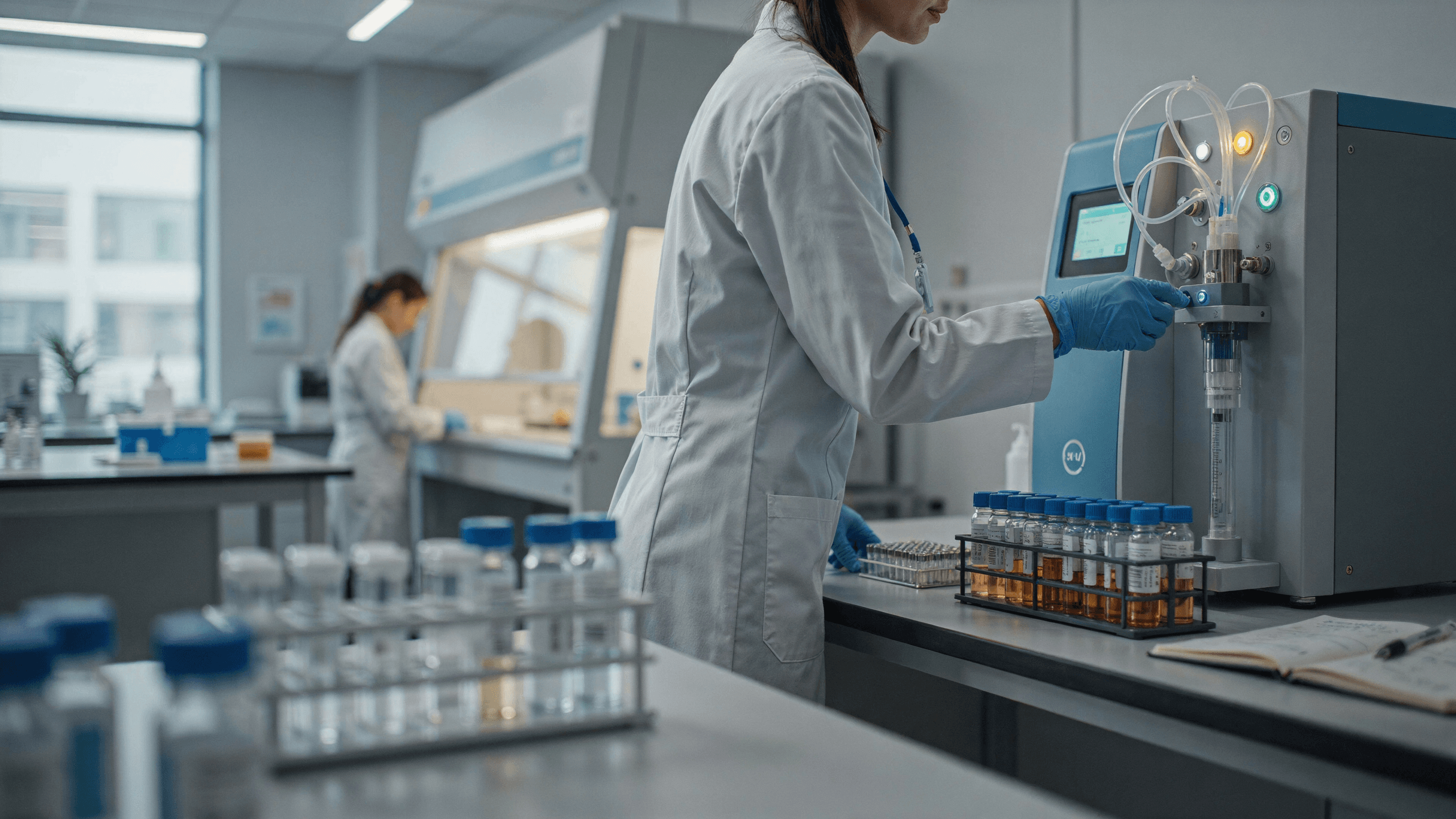 A researcher in blue gloves working at a modern lab bench lined with small glass vials beside an automated synthesizer