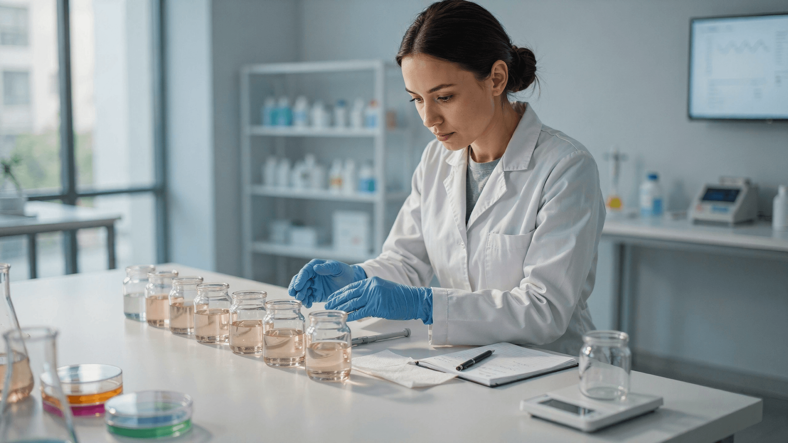 A researcher in a white lab coat and blue gloves lining up small glass jars of gel on a bright lab bench