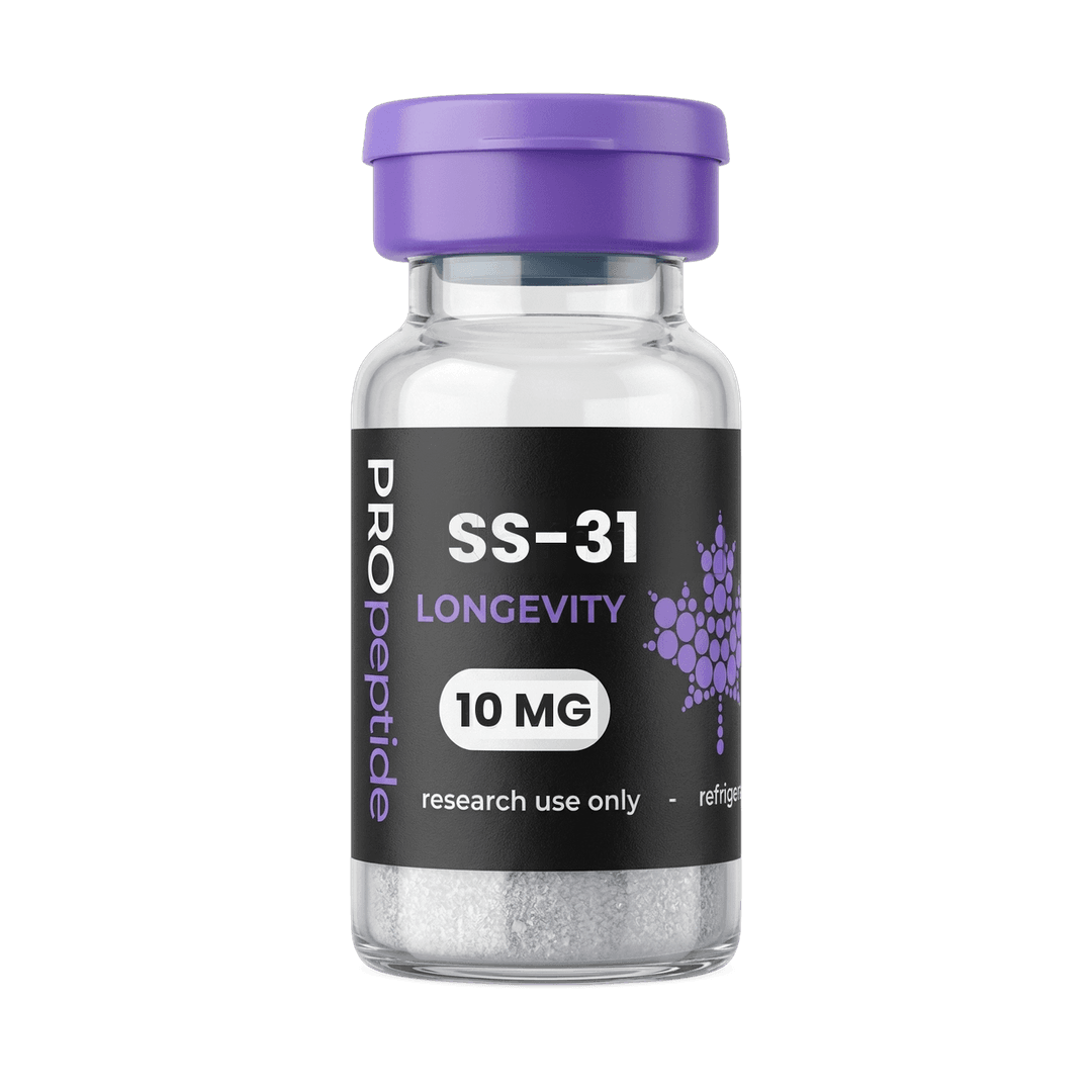 SS-31 10 MG peptide vial from Pro Peptide Longevity range with purple cap and white lyophilised powder